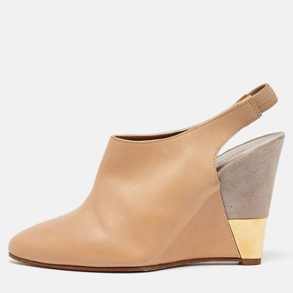 Chloe Beige/grey Leather And Suede Wedge Slingback Pumps Size 34,New Products : American Fashion Style Bags On Sale
